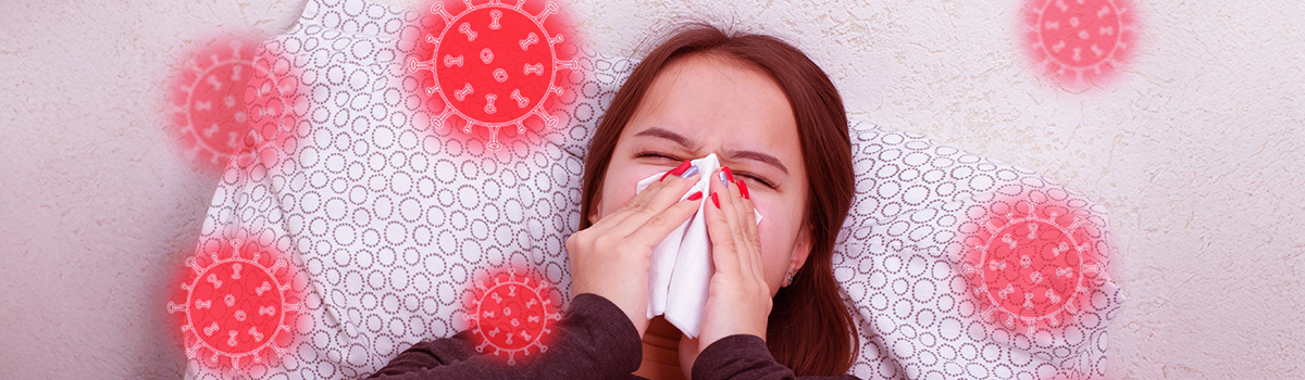 Girl is Lying Bed Surrounded by Viruses
