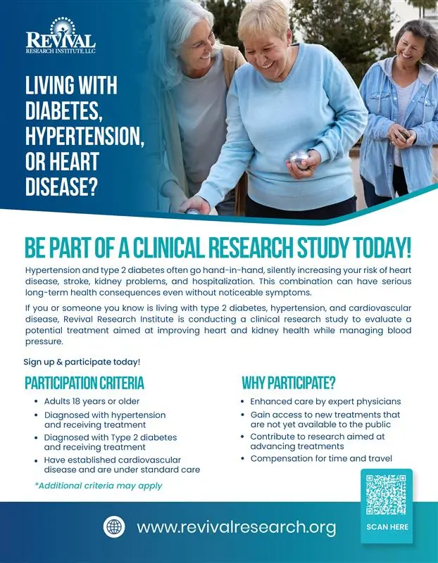 Clinical Trials for Type 2 Diabetes and Hypertension with Heart Disease Flyer